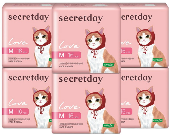 시크릿데이 러브 생리대 날개형, 중형, 16개입, 6개