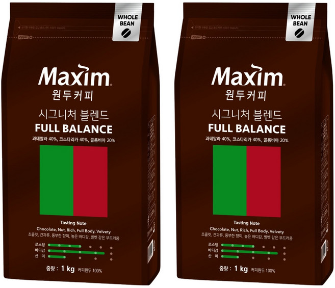 맥심 원두커피 시그니처 블렌드 풀 밸런스, 홀빈(분쇄안함), 1kg, 2개