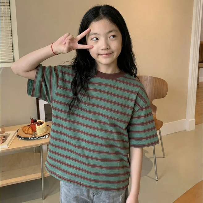 리틀크루 주니어 컬러 스트라이프 캐주얼 티셔츠