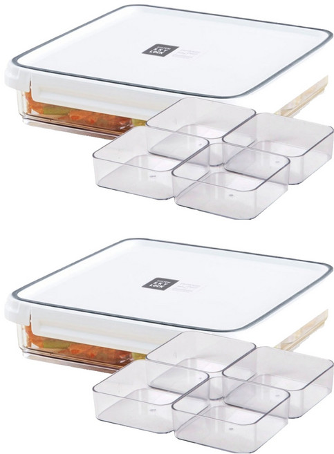 수납이야기 스카이락 밀폐용기 점보 1호 + 정사각형 인케이스 4칸 세트, 2개, 1.7L