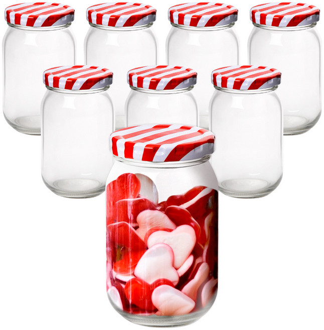 경성리빙테크 원형 유리병 8조 빨간 스트라이프 뚜껑, 330ml, 8개