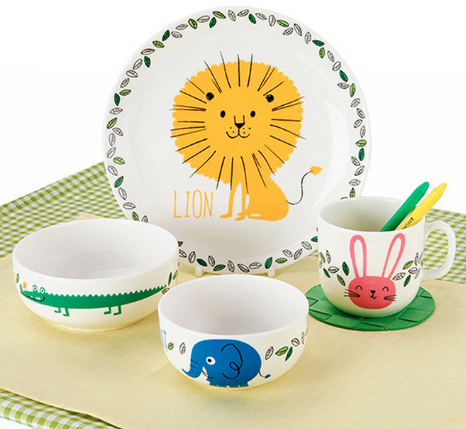 ZEN 정글 애니멀스 키디 유아식기 세트, 혼합 색상, 공기 + 대접 + 접시 + 머그, 4개