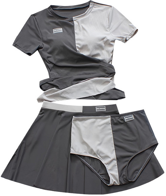 女款成人泳衣 交叉短袖分體褲裙3件組, 黑白相間