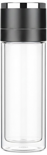 一鍵開蓋茶水分離杯 高硼矽玻璃 不鏽鋼茶隔, 黑色, 500ml, 1個