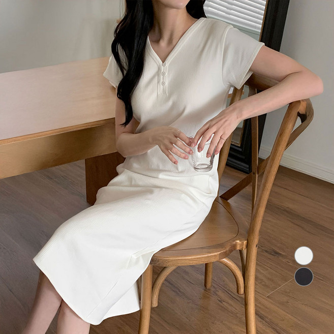 afinar 女款亨利領羅紋夏季長版連身裙, 象牙白