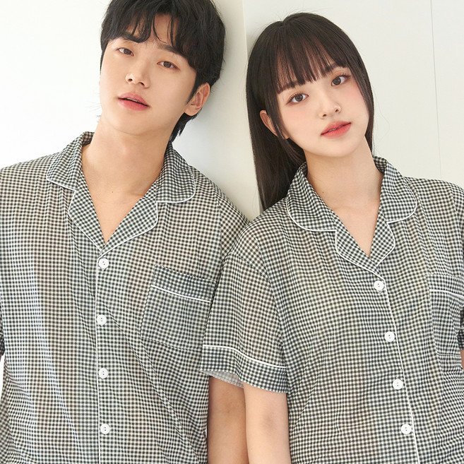도씨 커플용 체크 카라 반팔 잠옷 상하의 세트