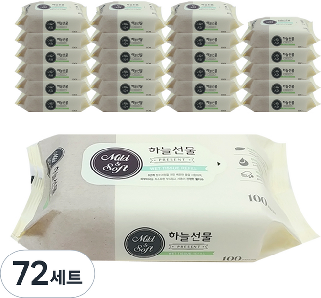 하늘선물 물티슈 리필형, 100매, 72세트