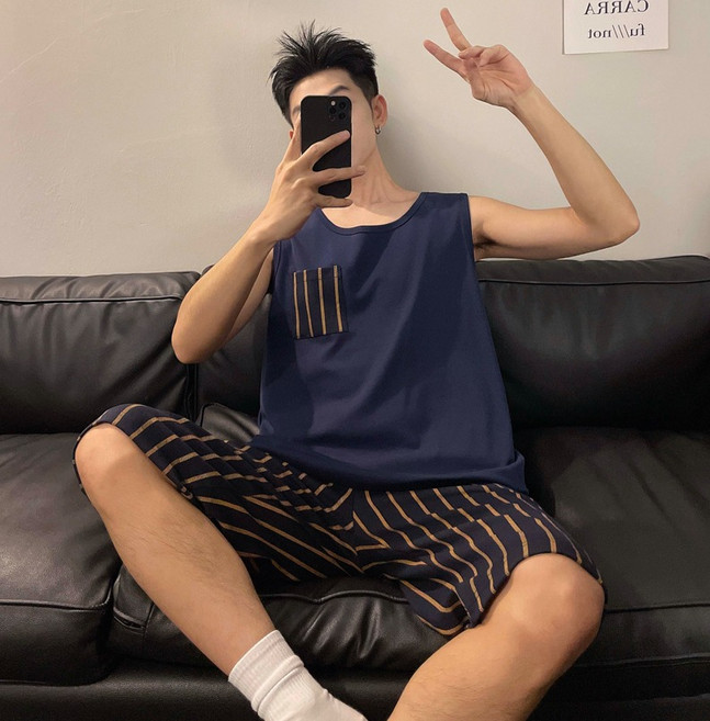 세컨핑크 남성용 냉감 시크남 포켓 나시 + 반바지 잠옷 세트