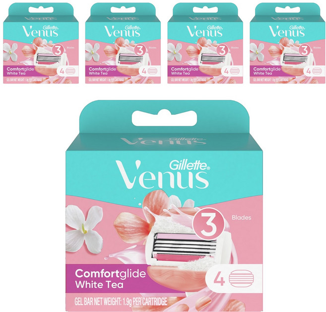 Venus 컴포트 글라이드 화이트티 여성용 면도날, 4개입, 5개