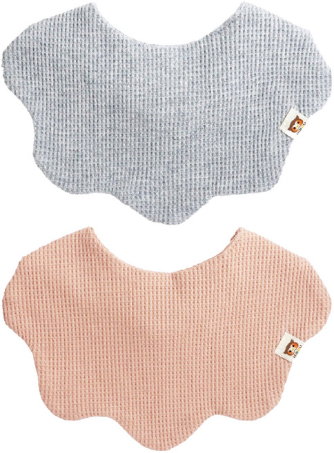 HiBOU 喜福 純棉鬆餅格花朵造型吸水圍兜兜, 芝麻糊 + 粉蜜桃, 2入, 1組