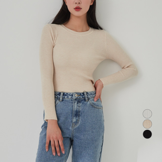 캐럿 여성용 라운드넥 골지 데일리 니트
