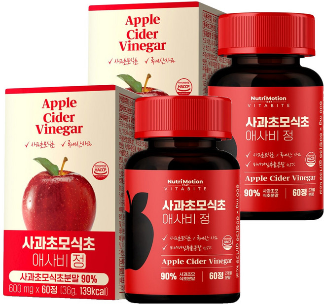 뉴트리모션 비타바이트 사과초모식초분말 90% 애사비정, 60정, 2개