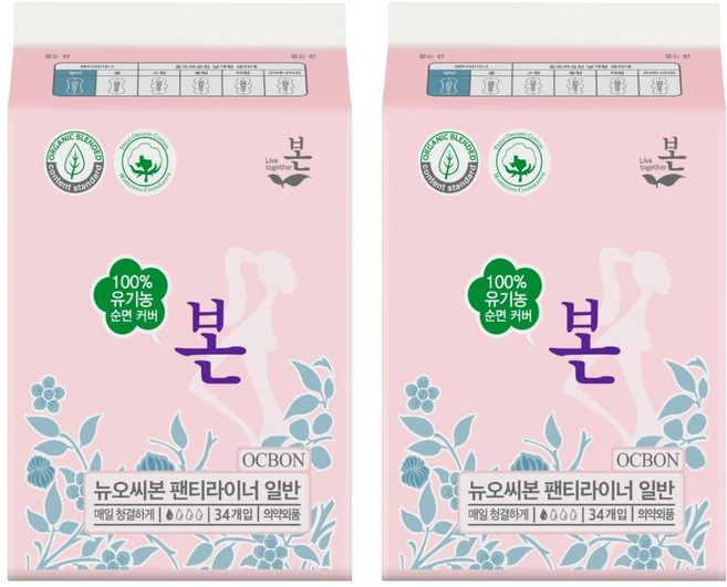 유기농본 제이본 팬티라이너, 일반, 34개입, 2개
