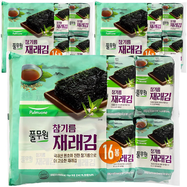 풀무원 참기름 도시락 재래김 16p, 64g, 3개