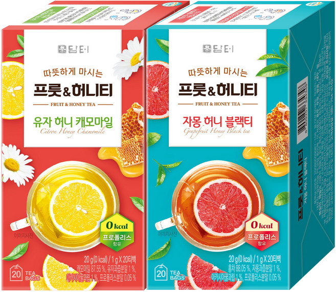 담터 프룻&허니티 유자 허니 캐모마일 20p + 자몽 허니 블랙티 20p, 1세트
