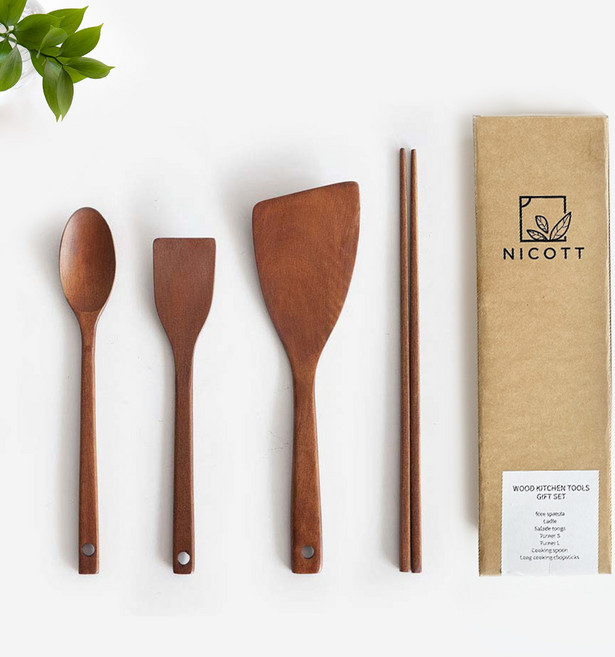 니코트 우드 조리도구 4종 세트, 뒤집개S + 뒤집개L + 요리스푼S + 튀김젓가락, 1개