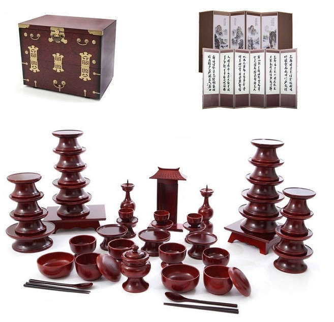 남원목기 물푸레 제기세트 + 앞닫이 제기 보관함 + 옥비단 산수화 추사한시 6폭 병풍, 1세트, 제기 47p + 제기 보관함 + 병풍