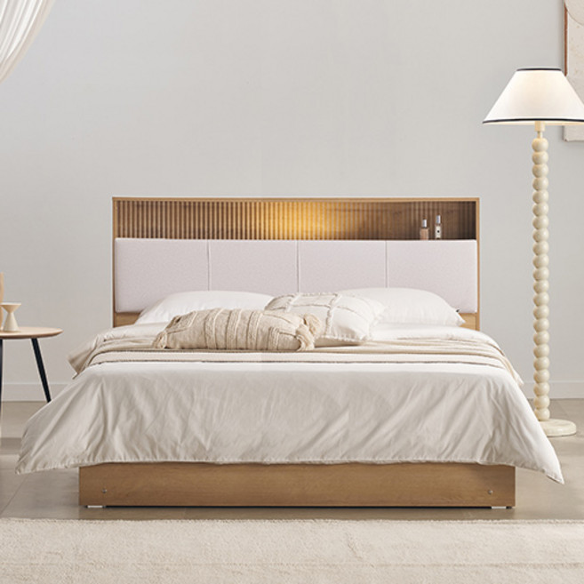 잉글랜더 SAF 에버딘 패브릭 LED 수납 침대 프레임 + 9존 매트리스 세트 방문설치, 오크 + 화이트