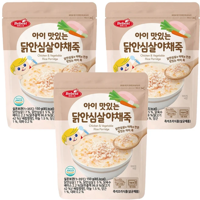 베베스트 아이 맛있는 닭안심살 야채죽, 닭고기, 3개, 150g - 쿠팡