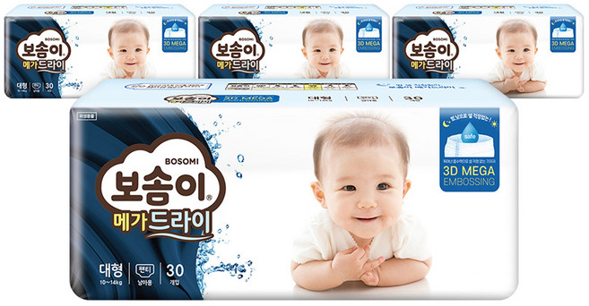 보솜이 메가드라이 팬티형 기저귀 남아용, 대형(L), 120매