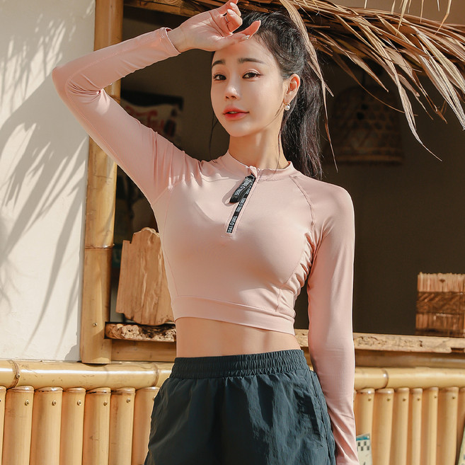 튜브트리 여성용 크롭탑 래쉬가드 상의 B6207, 살몬핑크