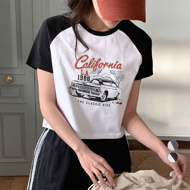 아피나르 여성용 California 세미크롭 라글란 반팔 티셔츠