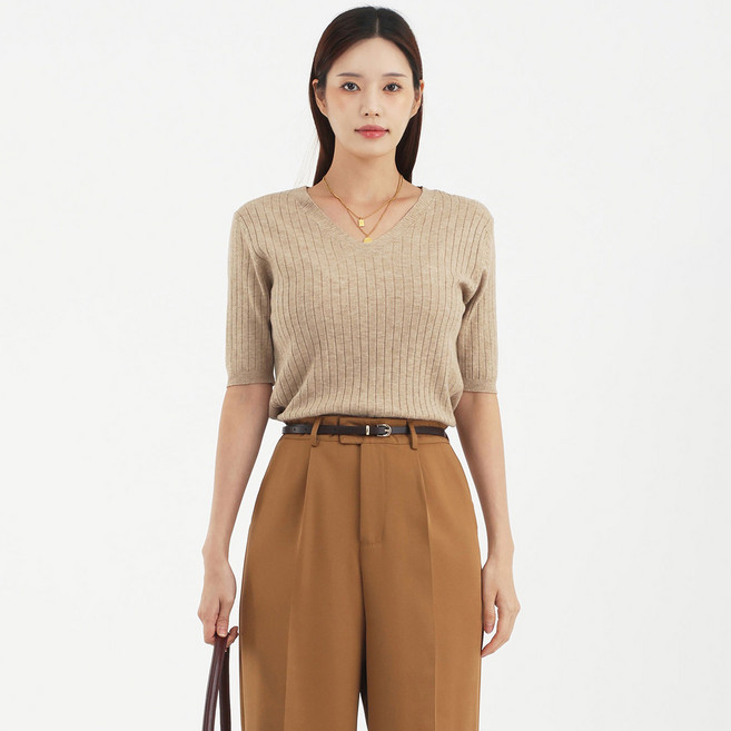 엘쏘 여성용 베이직 심플 브이넥 골지 반팔 니트티