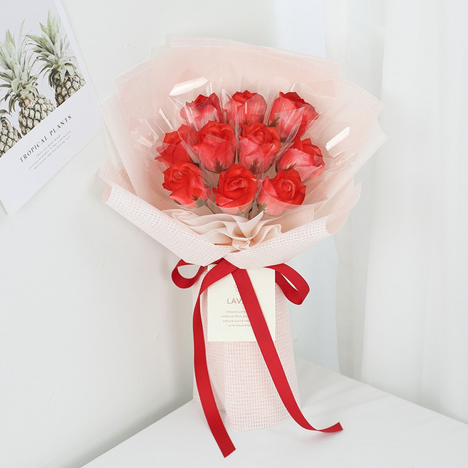 LAVINA 香皂玫瑰10入 現金花束 + 提袋組, 鬆餅紅(花束), 1套