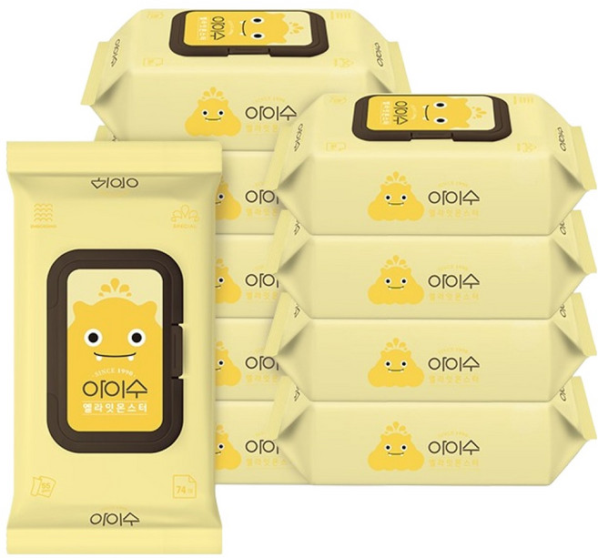 아이수 옐라잇 몬스터 아기물티슈 캡형, 55g, 74매, 10개