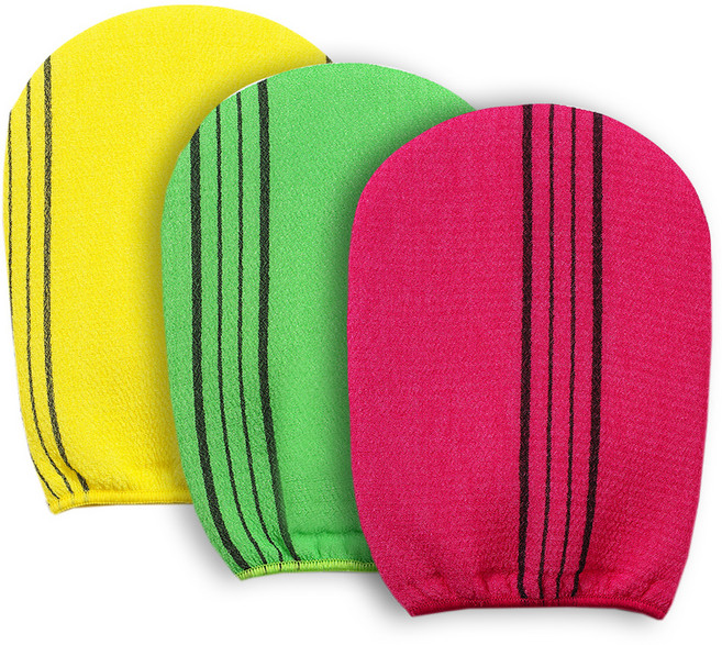 코지웰 때밀이 장갑 목욕타올, 레드 + 그린 + 옐로우, 3개입, 1세트