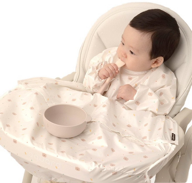 babyclo 嬰幼兒副食品防水長袖拉鍊圍兜, 小熊象牙白, 1件, 1件