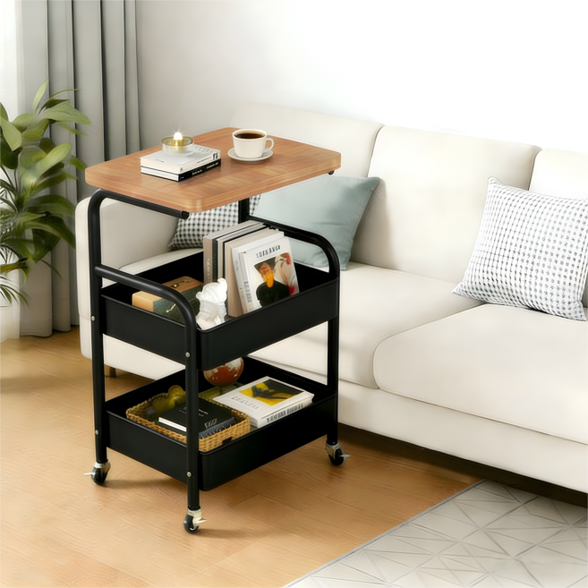 프란다스 바퀴 달린 이동식 철재 가정용 360도 회전 선반, 원목 블랙, 3단