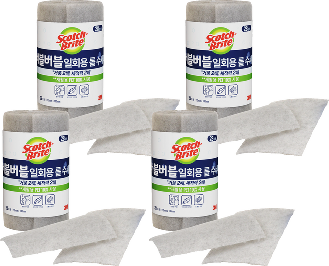 스카치브라이트 3M 버블버블 일회용 롤 수세미, 28개입, 4개