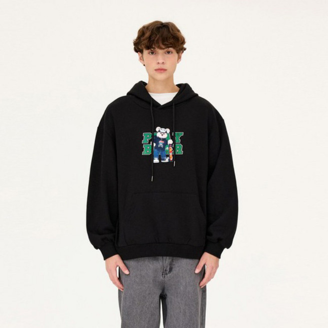 더매드문 플레이베어 전사나염 오버핏 기모 후드 티셔츠