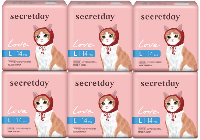 secretday Love超薄蝶翼型衛生棉, L(29cm), 14片, 6包