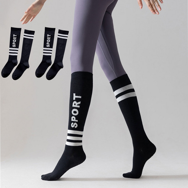 에델린 여성용 스포츠 라인 피트니스 종아리 니삭스 양말 세트, 블랙, 2개