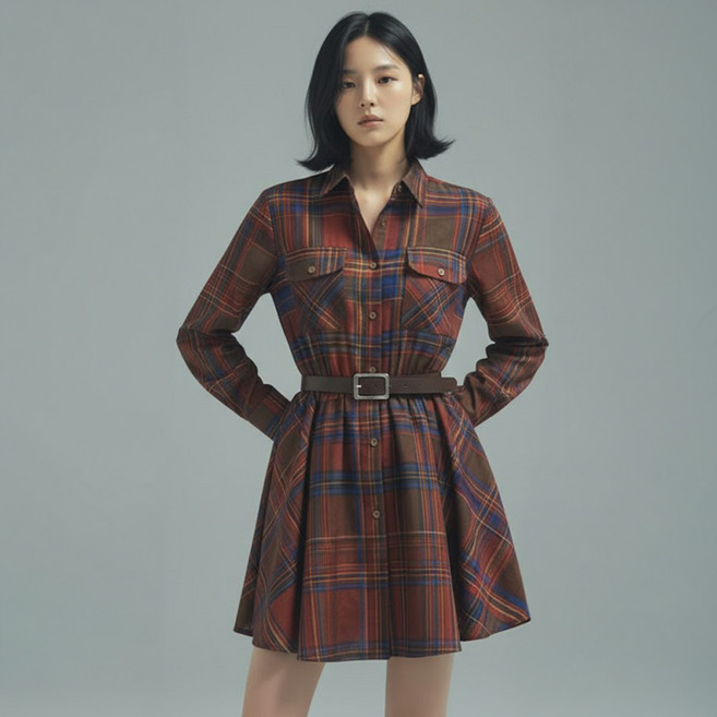 비비에모 유안 빈티지 체크 셔츠 미니 원피스 12431