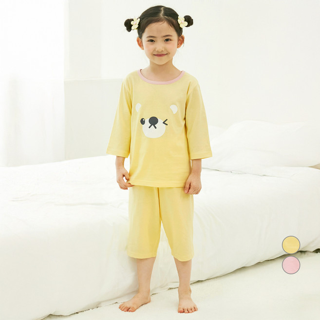 롤리트리 아동용 30수 싱글 7부 곰얼굴 포인트 실내복 상하 세트