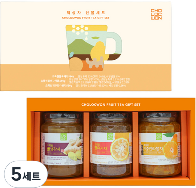 초록원 액상차 3종 선물세트 + 쇼핑백, 꿀생강차 560g + 꿀유자차 580g + 제주한라봉차 560g, 5세트