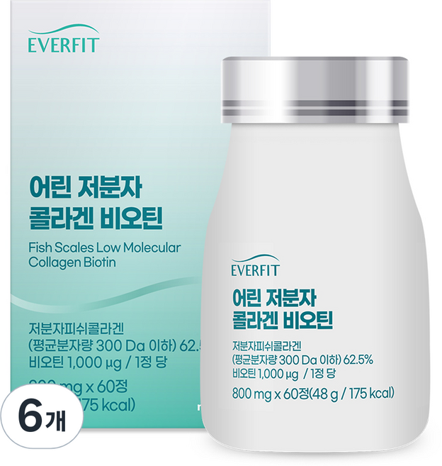 내츄럴플러스 에버핏 300달톤 어린 저분자 콜라겐 비오틴 48g, 6개, 60정