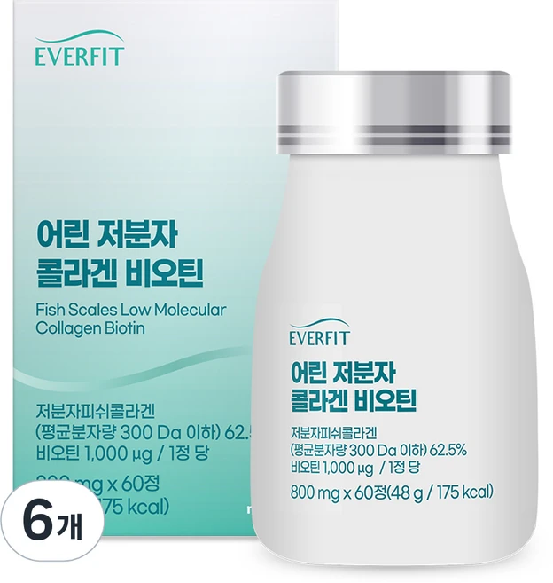 내츄럴플러스 에버핏 300달톤 어린 저분자 콜라겐 비오틴 48g, 6개, 60정 - 쿠팡