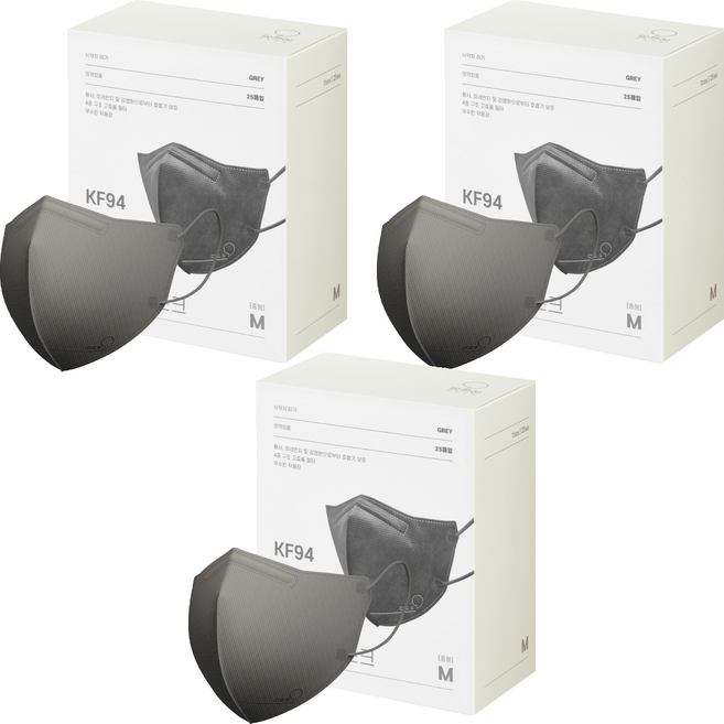 맘편히마스크 새부리형 마스크 중형 KF94, 25개입, 3개, 그레이