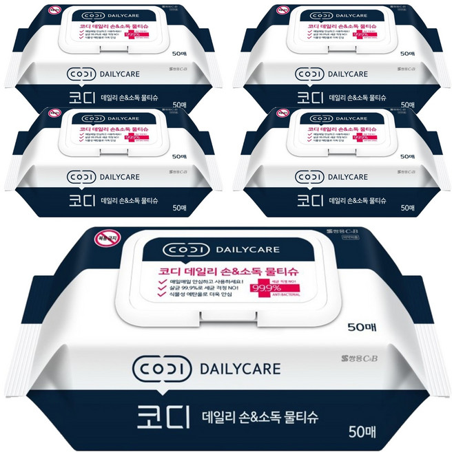 코디 데일리 손 앤 소독 물티슈 캡형, 60g, 50매, 5개