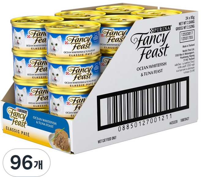 팬시피스트 생후 3개월 이후 고양이 화이트라벨 클래식 주식캔, 흰살생선, 85g, 96개