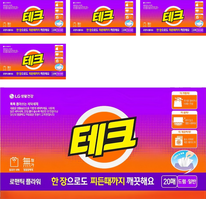 테크 간편 시트세제 일반드럼 겸용 로맨틱 플라워향, 20매, 5개