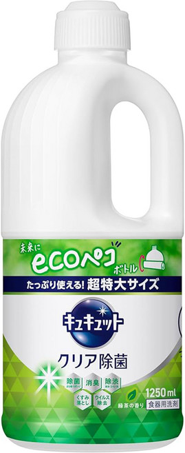 Kao 花王 Cucute 珂珂透 除菌洗碗精補充瓶 綠茶香, 1.25L, 1瓶