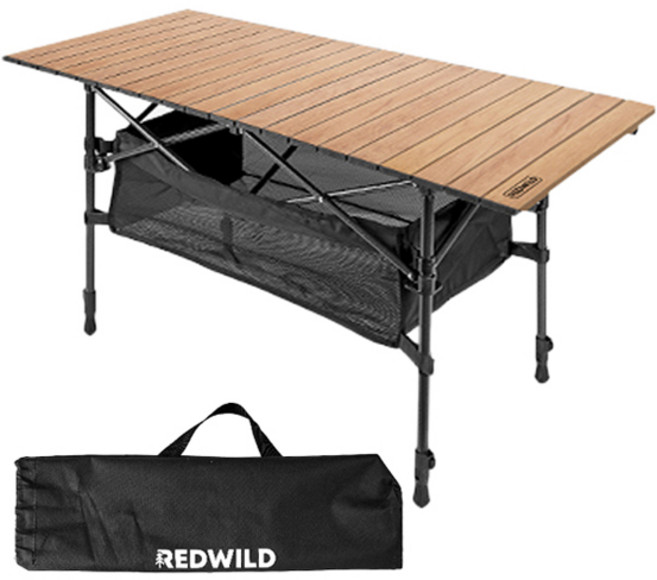 메이튼 레드와일드 높이조절 캠핑 경량 롤 테이블 + 수납 매쉬망 + 보관 파우치 세트, 우드