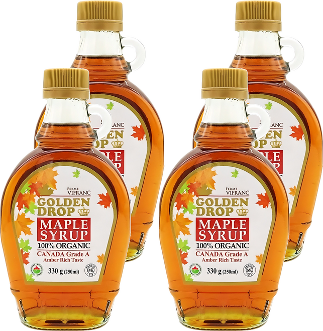 골든드롭 100% 유기농 메이플 시럽 캐나다 A등급 앰버리치 330g, 250ml, 4개