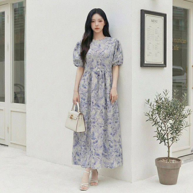 페이퍼먼츠 플로워즈 퍼프 소매 롱 원피스 14673