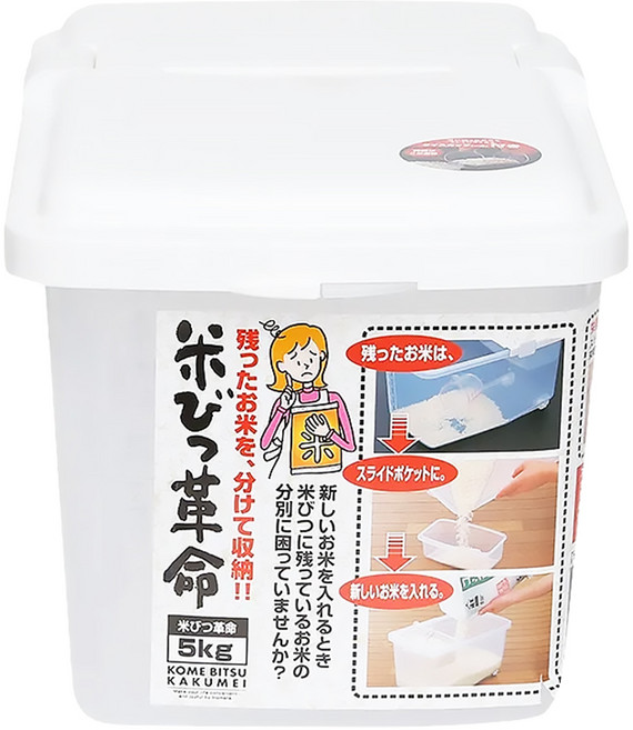 inomata 日本製 掀蓋式 分隔儲米箱 5kg 10L 附量米杯 滾輪設計 透明色 + 白色 36.9 x 21.7 x 20.7cm 1個